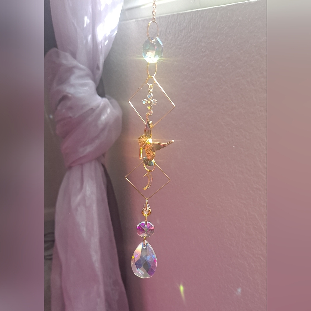 Gold Hummingbird Crystal Suncatcher